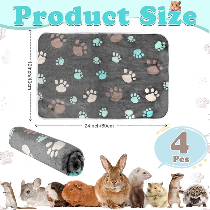 4 Pcs Waterproof Guinea Pig Blankets Washable Small Animal Fleece Bedding Absorbent Guinea Pig Cage Liners Reusable Pet Pee Pad Sleep Mat Pad Cover for Hamster Ferret (Cute Paw,24 x 16 Inch)-PawvioPets