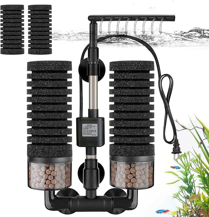 Aquarium Electric Sponge Filter with Submersible Water Pump Silence Motor for Shrimps,Bettas with Bio Ceramic Media Balls and 2 Spare Sponge,Venturi Nozzle and Rain Mode (S for 10-20 Gal)-PawvioPets