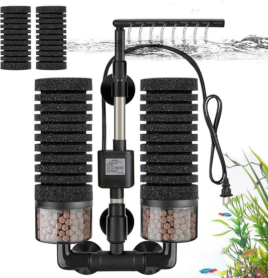 Aquarium Electric Sponge Filter with Submersible Water Pump Silence Motor for Shrimps,Bettas with Bio Ceramic Media Balls and 2 Spare Sponge,Venturi Nozzle and Rain Mode (S for 10-20 Gal)-PawvioPets