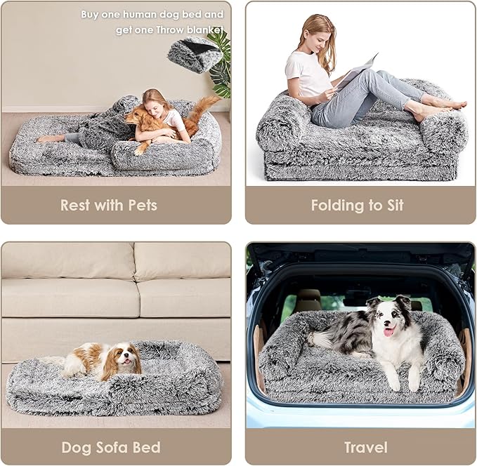 EHEYCIGA Foldable Human Dog Bed, Orthopedic Memory Foam Human Sized Dog Bed, Waterproof Pet Bed for People, Faux Fur Pet Couch for Adult, Faded Black, 72"x44"x11"-PawvioPets