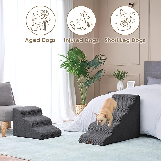 EHEYCIGA Curved Dog Stairs Ramp for High Beds 22.6" H, 5-Step Dog Steps for Small Dogs and Cats, Pet Stairs for High Bed Climbing, Non-Slip Balanced Pet Step Indoor, Grey-PawvioPets