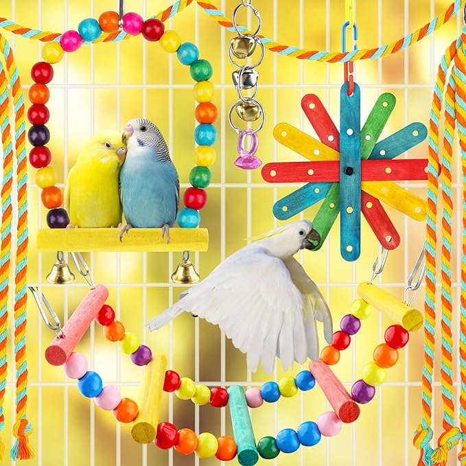 8 pcs Bird Toys for Parakeets with Colorful Ladder Hammock Bird Cage Accessories Bird Perch Stand Chewing Toys Hanging Bell Parrot-PawvioPets