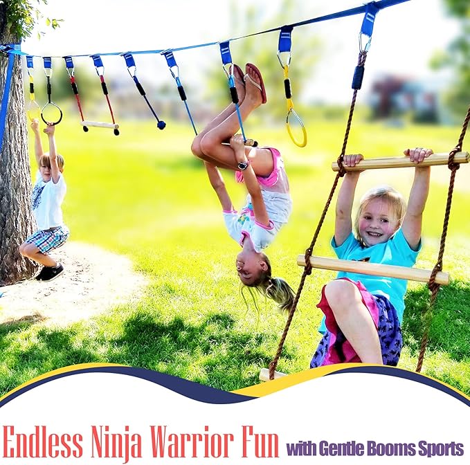 2×56ft Ninja Warrior Obstacle Course for Kids - 600 lbs Weight Capacity, Slackline Obstacle Course with 8 Ninja Accessories - Monkey Bar, Rope Ladder, Gymnastic Ring, Arm Trainer and Monkey Fist-PawvioPets