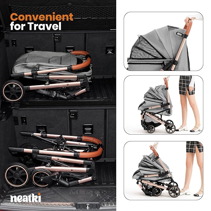 Foldable Pet Stroller for Dogs and Cats, 33 lbs Capacity, 360° Swivel Front Wheels, One-Click Fold, Brake System, Leash & Lock Clips, Removable Washable Padding, and Cup Holder (Gray, 33 lbs)-PawvioPets