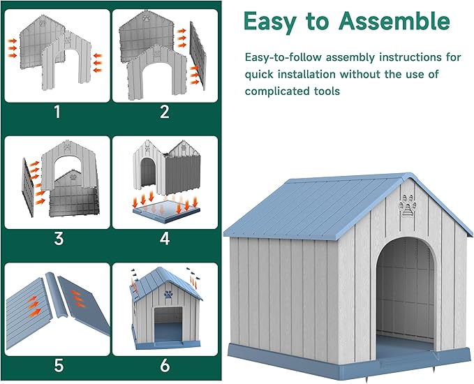 DRATO Indoor Outdoor Waterproof Dog House,PP Material,Puppy Shelter with Air Vents and Elevated Floor,Sturdy Dog Kennel for Small to Large Sized Dogs, Easy to Assemble (Blue, 38.62×36.26×38.07 Inches)-PawvioPets