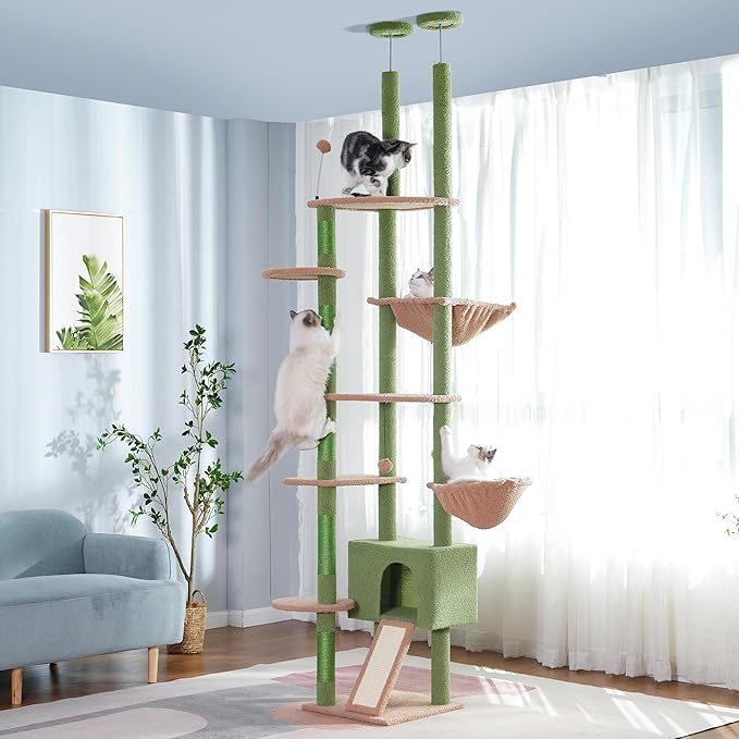Floor to Ceiling Cat Tree Tall Cat Tower with Adjustable Height (81.8-108 Inches) with Fully Scratching Post Private Condo and Hammock for Indoor Cats (Green, Triple Dule Posts)-PawvioPets