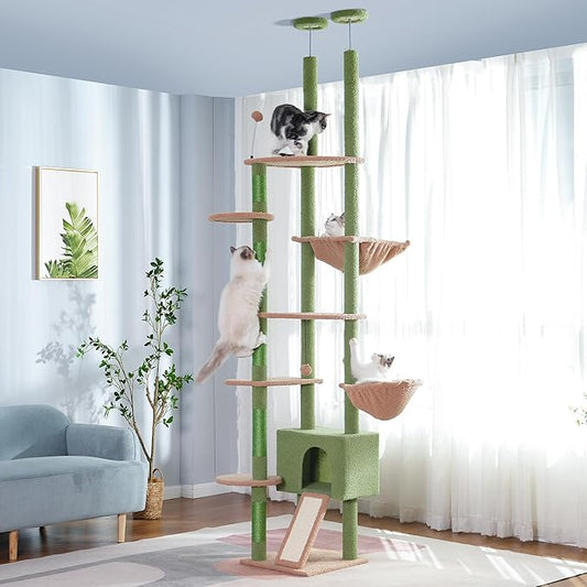 Floor to Ceiling Cat Tree Tall Cat Tower with Adjustable Height (81.8-108 Inches) with Fully Scratching Post Private Condo and Hammock for Indoor Cats (Green, Triple Dule Posts)-PawvioPets