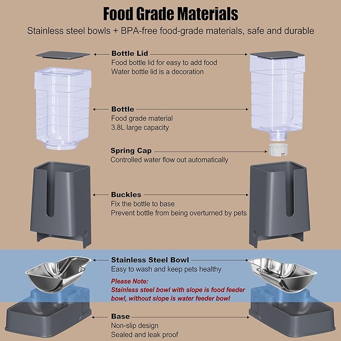 Automatic Cat Feeder and Cat Water Dispenser Set with Stainless Steel Bowls Gravity Dog Feeder for Small Medium Big Dog Pets Puppy Kitten, 3.8Lx 2-PawvioPets