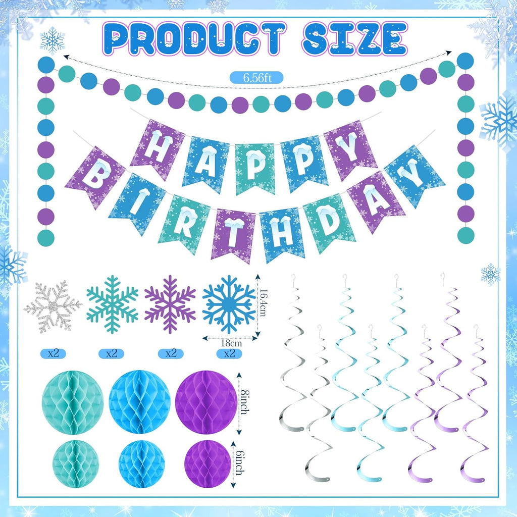 Funrous Snowflake Birthday Decorations Happy Birthday Banner Snowflake Hanging Swirls Honeycomb Balls Circle Dots Garland for Winter Princess Party Supplies