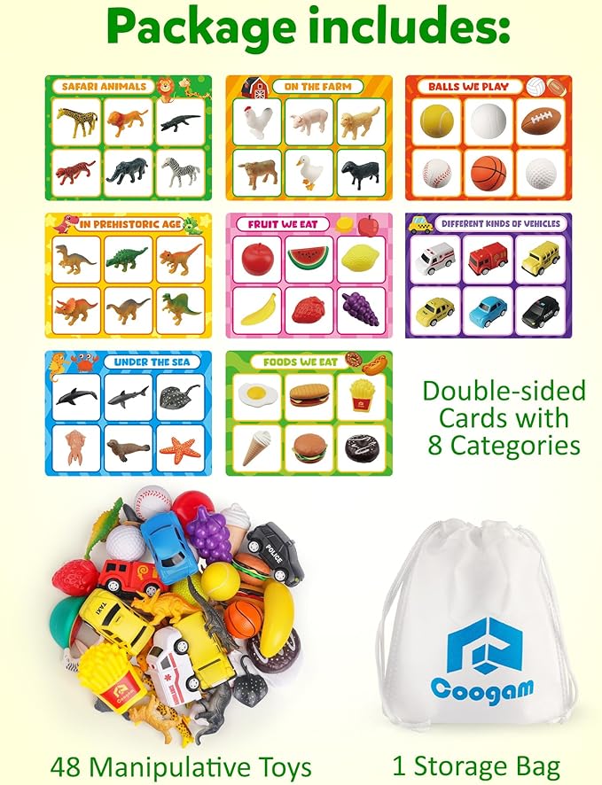 Coogam Sorting Toy for Toddlers, Animals Dinosaurs Fruits Vehicles Foods Fishes Balls Farm Playset, Fine Motor Montessori Game Preschool Educational Learning Gift for Year Old Kids-PawvioPets