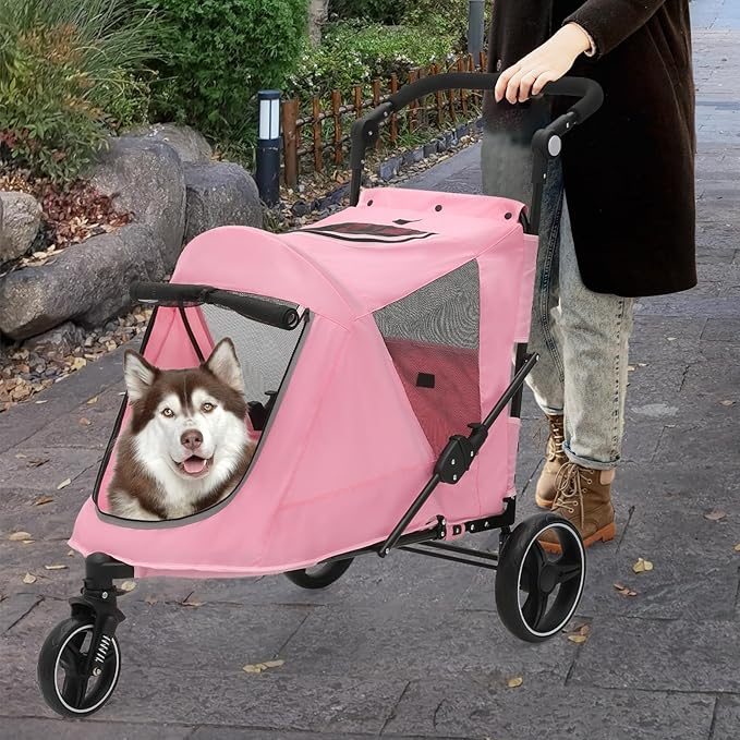 Athena Collection 3 Wheels Pet Stroller Fabric Dog Cart Dog Stroller for Large Dogs 55 Lbs Pet Stroller with Mesh Windows, Zipper Back Pocket, Safety Tether, Angle Adjustable Handlebar, Pink-PawvioPets