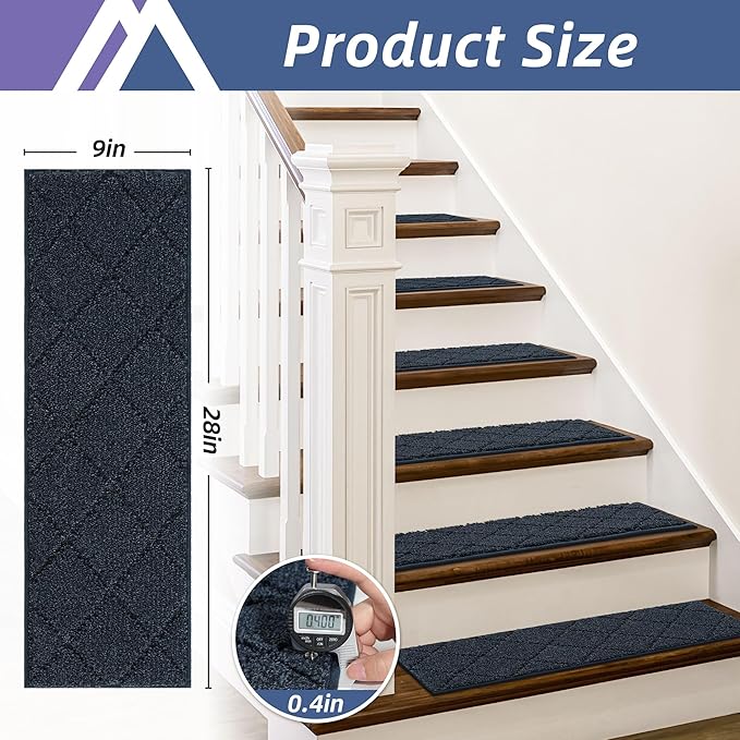 COSY HOMEER Edging Stair Treads Non-Slip Carpet Mat 28inX9in Indoor Stair Runners for Wooden Steps, Edging Stair Rugs for Kids and Dogs, 100% Polyester TPE Backing (7pc, Navy)-PawvioPets