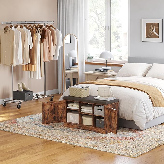 DINZI LVJ Shoe Bench, Entryway Storage Bench with Doors, Cushion, 2-Tier Shoe Rack with 6-Cubby, 31.5”L x 13.8”W Shoe Organizer Cabinet, Adjustable Shelf, Living Room, Bedroom, Rustic Brown-PawvioPets