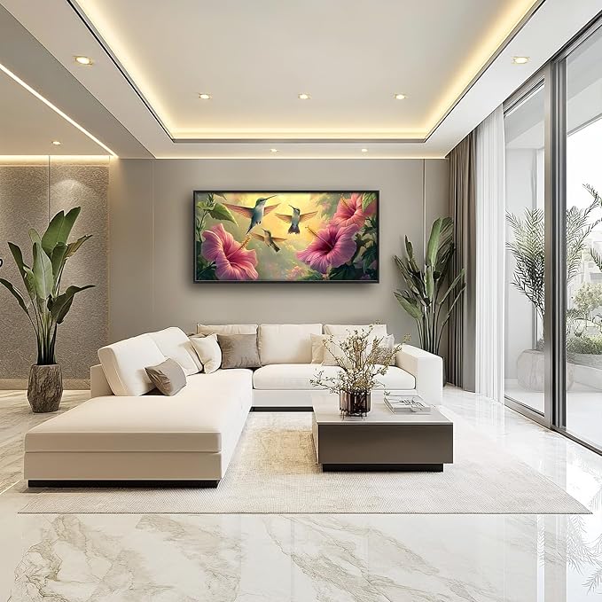 Framed Large Hummingbird Wall Art for Living Room, Oversized Rustic Bird Flower Wall Decor Floral Canvas Painting Nature Sunrise Pictures Modern Artwork for Bedroom Office Dinging Room 60"x30"-PawvioPets