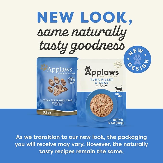Applaws Natural Wet Cat Food in Broth, Limited Ingredient Wet Cat Food Pouches, No Additives, Made with Natural Ingredients, Tuna Fillet with Crab in Broth (12 x 5.3oz Pouches)-PawvioPets
