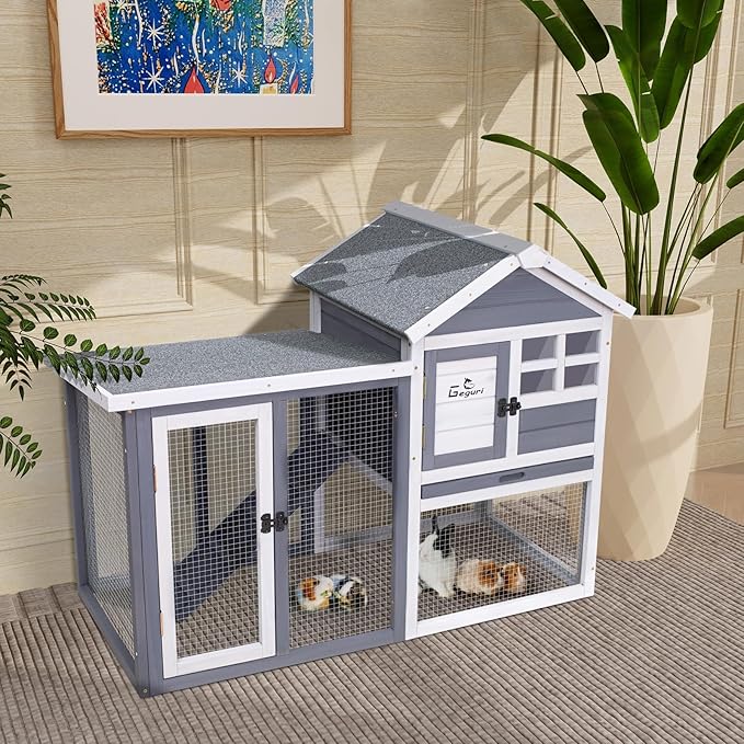 GEGURI Large Rabbit Hutch Indoor Outdoor Chicken Coop Wooden Bunny Cage with Waterproof Roof (48''L x 24''W x 36''H Grey)-PawvioPets