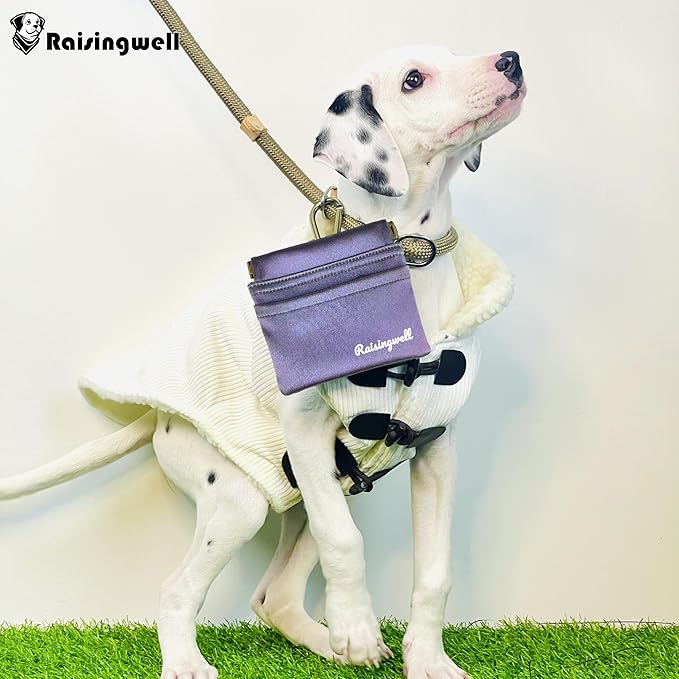 Dog Treat Pouch, Pocket Sized Pet Training Pouch, Hand Free Purple Dog Walking Bag with Carabiner, Self-Closing Pet Feed Snack Reward, for Puppy Travel or Outdoor Use, NanoPTC-PawvioPets