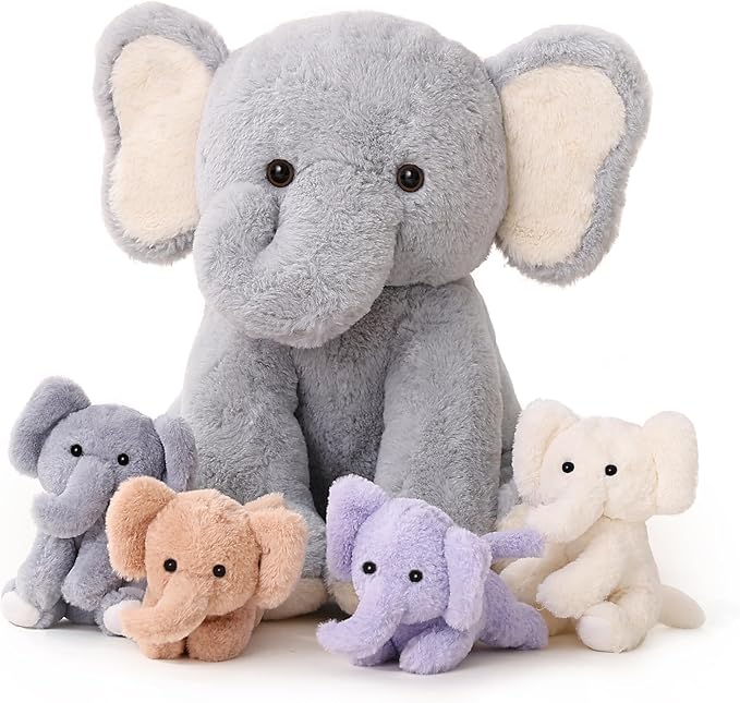 5 Pieces Elephant Stuffed Animals for Girls, 1 Mommy Elephant with 4 Babies Soft Plush Set Toys Gifts for Kids Children 3 4 5 6 7 8 9 Years, Christmas, Birthday, Children's Day-PawvioPets