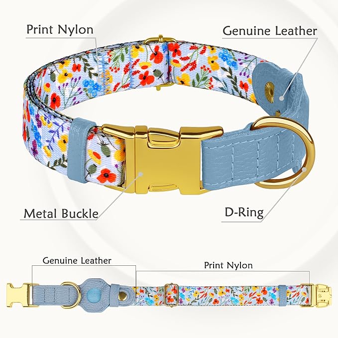 AirTag Dog Collar for Small Medium Large Breed - Adjustable Cute Pattern Dog Collar with Airtag Holder - Soft Leather Tracker GPS Apple Air Tag Pet Collars (Small, 12"-15" Neck Fit, Floral)-PawvioPets