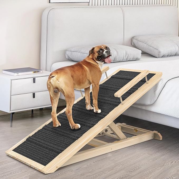 Dog Ramp for Couch, Bed or Car, Wooden 44" Long Pet Stairs for Small & Large Old Dogs & Cats, Hold up to 200lb, 5 Adjustable Height from 14.96" to 22", Portable Doggie Steps, Excellent Traction-PawvioPets