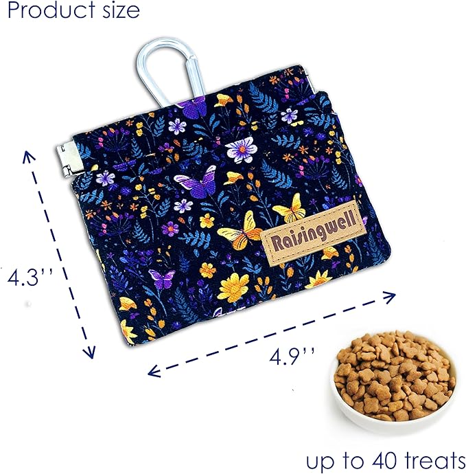Dog Treat Pouch, Pocket Sized Pet Training Pouch, Cotton Fabric, Hand Free Purple Flower Dog Walking Bag with Carabiner, Self-Closing Pet Feed Snack Reward, for Puppy Travel or Outdoor Use-PawvioPets