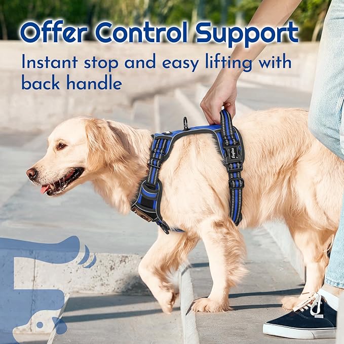 Eagloo Dog Harness Medium Sized, Easy Wearing with 3 Buckles, Adjustable No Pull Pet Harness with 2 Rings for Walking, No Chock Reflective Soft Padded Vest with Control Handle, Blue & Black, M-PawvioPets