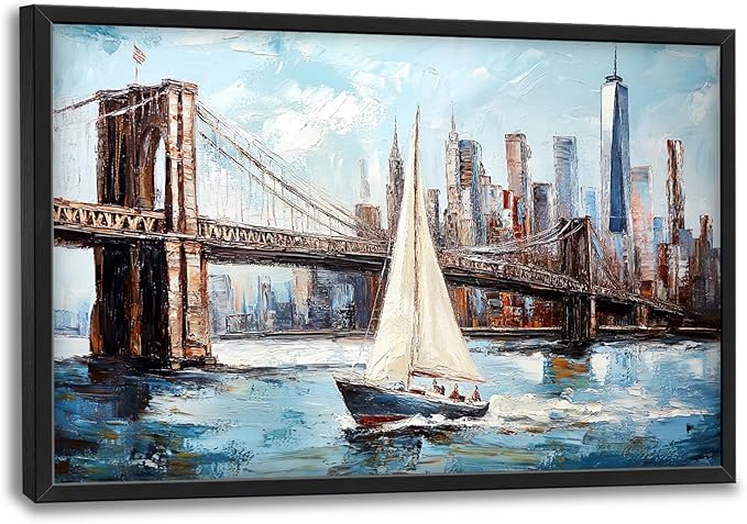 Extra Large Sailboat Framed Wall Art for Living Room,Oversized New York Brooklyn Bridge Pictures Wall Decor,Cityscape Canvas Print Painting Modern Artwork Bedroom Office Bathroom 36L" x 24W"-PawvioPets