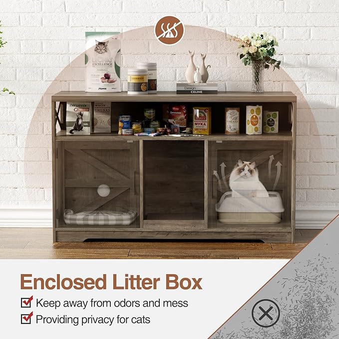 Cat Litter Box Enclosure for 2 Cats, 47" Double Hidden Litter Box Furniture with Scratch Pad, Farmhouse Indoor Litter Box Cabinet Cat Washroom, Grey-PawvioPets