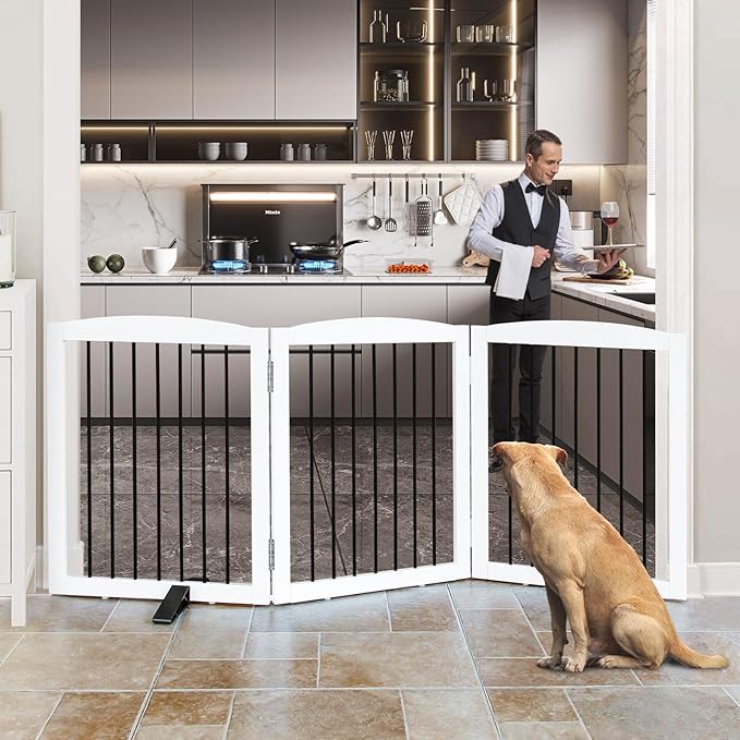 Freestanding Panel Dog Gate for Indoor Doorways, Stairs, or Hallways - Foldable Wooden Pet Gate, 24" Height - 3 Panels, White-PawvioPets