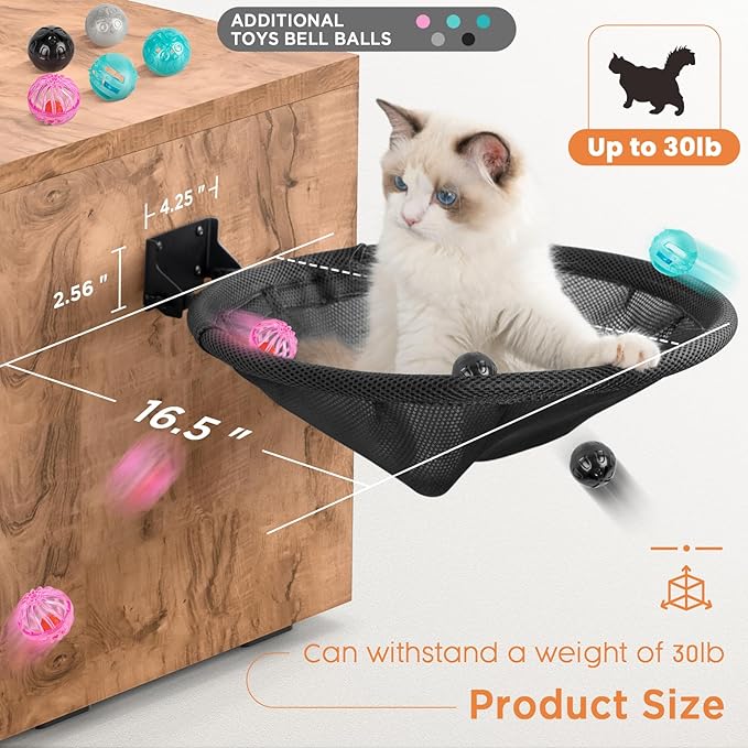 Cat Hammock Wall Mounted, Foldable & Stable Cat Beds- Breathable Cat Wall Shelves for Sleeping, Playing, Climbing, and Lounging - Maximum Hold Up to 30lb (Black)-PawvioPets