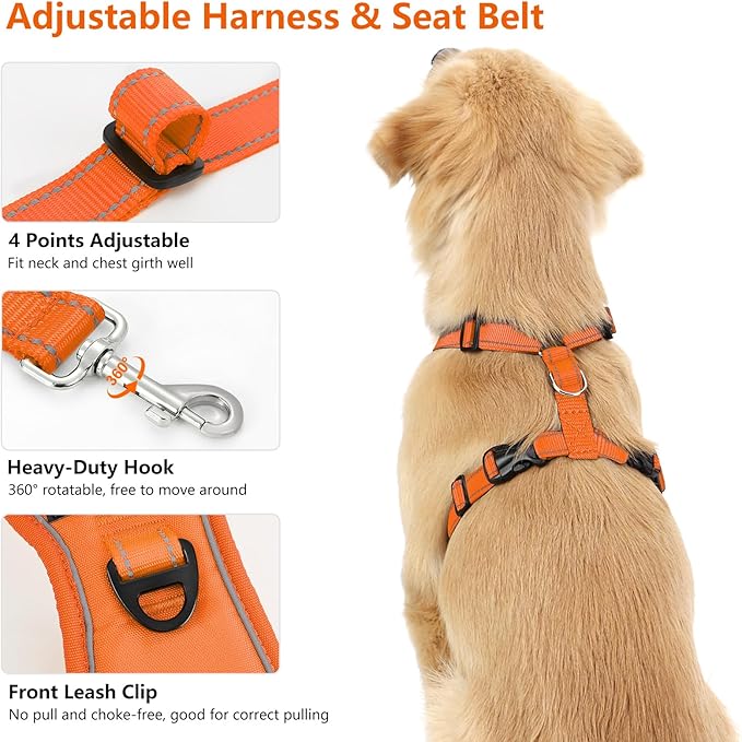 Dog Seat Belt Harness for Car, Dog Car Harness Adjustable Mesh Breathable & Dogs Seatbelt Safety Tether with Elastic Bungee for Small Medium Large Pets(Orange, S)-PawvioPets