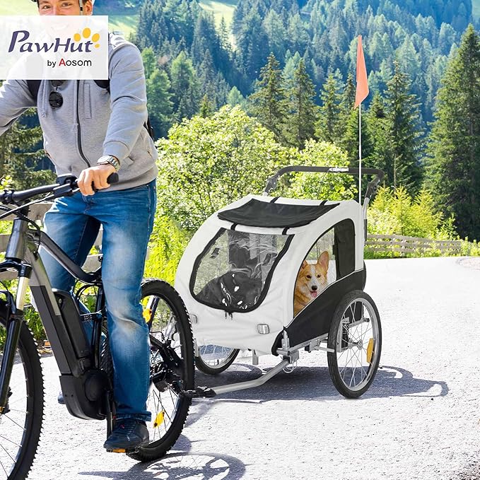 Aosom Dog Bike Trailer 2-in-1 Pet Stroller with Canopy and Storage Pockets-PawvioPets