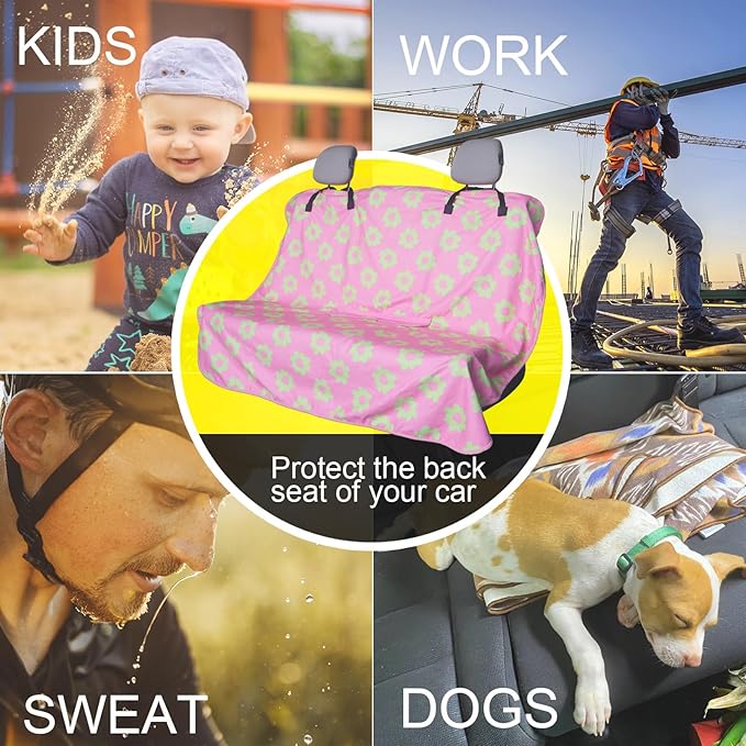 Back Seat Cover for Car Trucks Van SUV,Waterproof Rear Bench Towel Seat Covers for Dogs and Kids,Automotive Backseat Protector (Flower and Pink)-PawvioPets