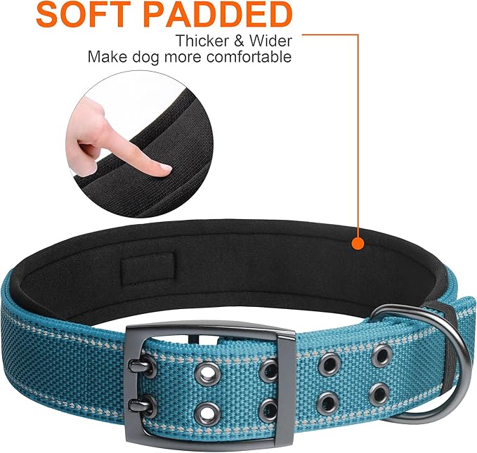 Fida Heavy Duty Dog Collar 1.5” Width, Ultra Soft Neoprene Padded, Adjustable Reflective Nylon Pet Collar with Two Metal Pin Belt Buckle for Extra-Large Breeds (XL, Blue)-PawvioPets
