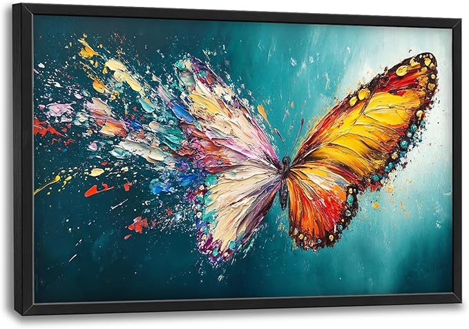 Extra Large Framed Abstract Butterfly Wall Art,Colorful Graffiti Wall Decor,Splashing Wings Pictures for Living Room,Canvas Print Painting Modern Artwork Bedroom Office Bathroom Home Decor 36L x24W-PawvioPets