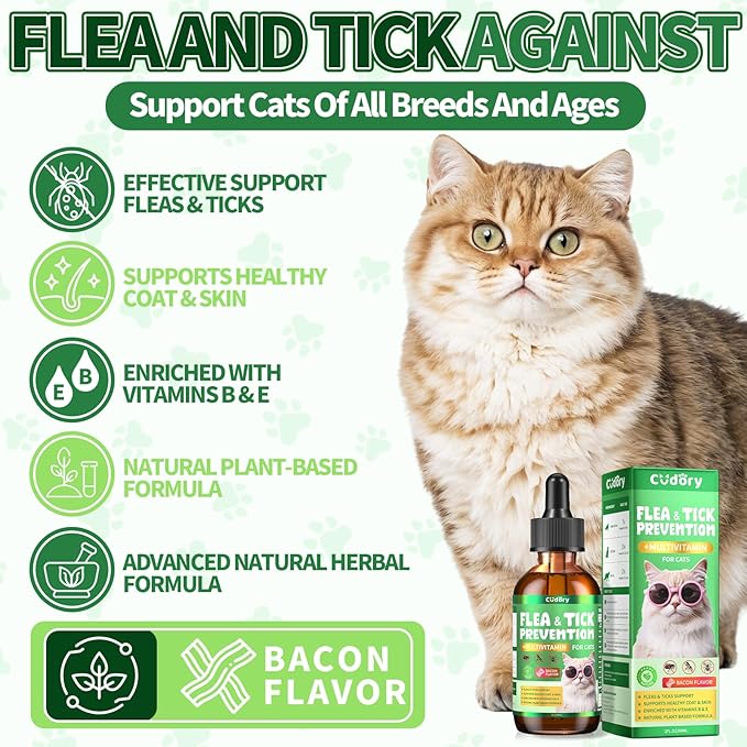 Flea & Tick Support for Cats – Natural Herbal Drops with Multivitamin – Fleas and Ticks Comfort Formula for Cat All Breeds & Ages – Bacon Flavor-PawvioPets