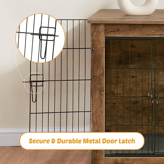 Dog Kennel Furniture, Wooden Dog Crate End Table with Dual Doors, Chew-Proof Design & Cushion, Heavy Duty Dog Crate, Decorative Pet Crate Dog Cage for Indoor (27 Inch)-PawvioPets