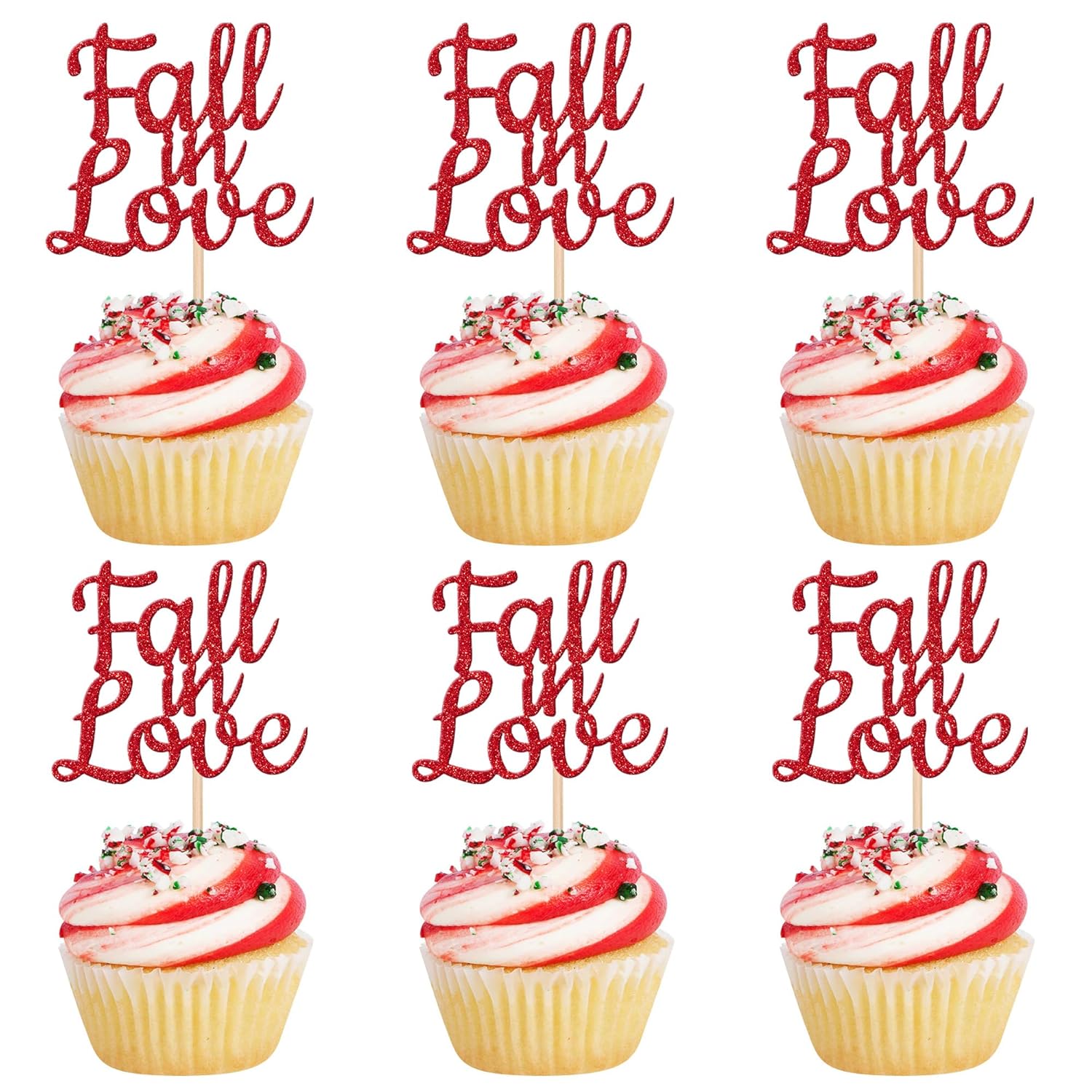 24 PCS Fall in Love Cupcake Toppers Glitter Fall Theme Party Cupcake Picks Bridal Shower Cupcake Decorations for Autumn Wedding Engagement Anniversary Birthday Party Cake Decorations Supplies Red
