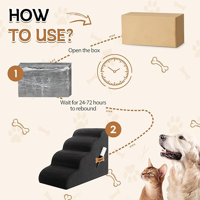 Dog Stairs, Romrol Dog Steps Ramp for High Bed and Couch, Dogs Ramp with Durable Non-Slip Waterproof Fabric Cover, Pet Stairs for Small Dogs and Cats or Pets Joints, 4-TiersBlack-PawvioPets
