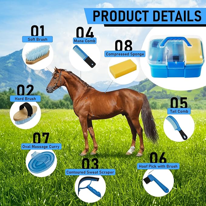 Cunhill 9 Pieces Horse Grooming Kit Tack Room Supplies Set with Organizer Tote Box, Oval Massage Curry, Hard and Soft Brush, Hoof Pick, Sweat Scraper, Bathing Sponge, Combs for Horse Riders Beginners-PawvioPets