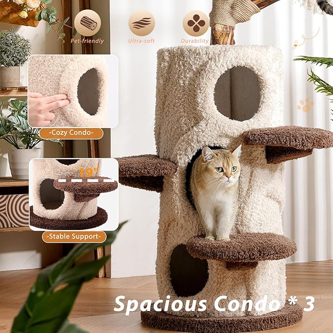54.7'' Modern Cat Tree for Indoor Cats Large Adult, Wood Cat Tree with 3 Spacious Condos, Luxury Cat Tower with Cozy Perch, Scratching Post, Sturdy Kitty House Furniture for Small Medium Large Cats-PawvioPets