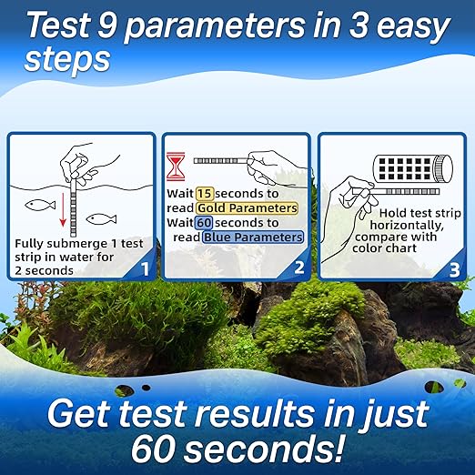 9 in 1 Aquarium Test Strips for Salt & Freshwater, Fish Tank Tester Kit for Iron, Copper, Carbonate, pH, Nitrate, Nitrite, Chlorine, Total Hardness & Alkalinity - 25 Count-PawvioPets