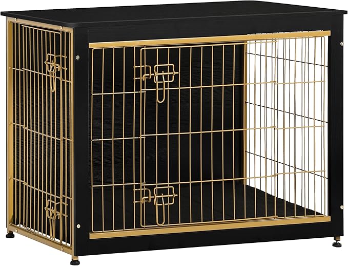 DWANTON Dog Crate Furniture with Cushion, Wooden Kennel Table with Double Doors, Indoor Dog House, Large Size, 38.5" L, Black+Gold-PawvioPets