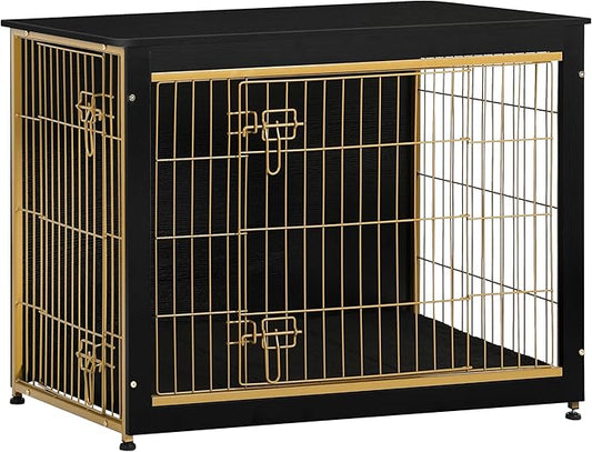 DWANTON Dog Crate Furniture with Cushion, Wooden Kennel Table with Double Doors, Indoor Dog House, Large Size, 38.5" L, Black+Gold-PawvioPets