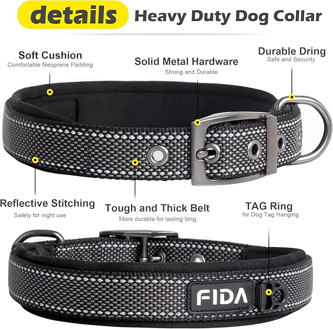 Fida Heavy Duty Dog Collar, Ultra Comfortable Soft Neoprene Padded, Adjustable Reflective Nylon Pet Collar with Durable Metal Belt Buckle for Large Breeds (L, Black)-PawvioPets