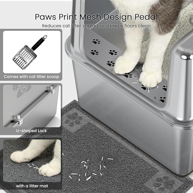 Enclosed Stainless Steel Cat Litter Box with Lid, Metal Litter Box for Big Cats, Extra Large Cat Toilet with High Side, Non-Stick, Anti-Leakage, Odorless, with Cats Litter Mat & Litter Scoop-PawvioPets