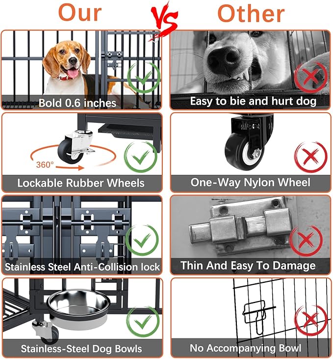 54 inch XL Dog Crate for Large Dog/Double Medium Dogs,Heavy Duty Metal Dog Cages,All Metal Open Top,Dog Kennel Indoor with Wheels,Floor Grid, Tray, Divider and Feeding Bowl-PawvioPets
