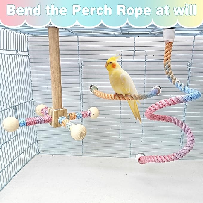BNOSDM Bird Rope Perch with Stand Perch Toy Set Bendable Rope Perches Wooden Spinning Exercise Wheel Toy Parrot Cage Accessories for Parakeets, Conures, Lovebirds, Budgies, Cockatiels (Rainbow Color)-PawvioPets