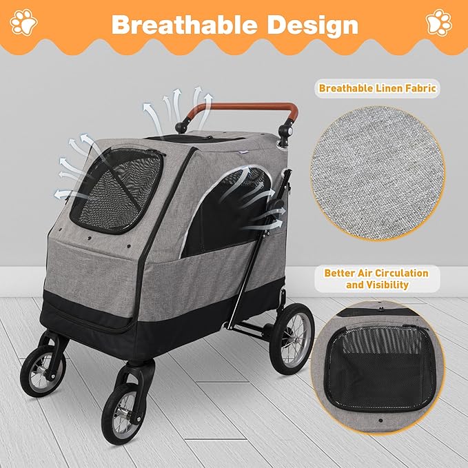 4 Wheel Pet Stroller with Storage Basket - Foldable & Breathable with Mesh Skylight, Large Dog Stroller with Adjustable Handle - Ideal for Travel and Walking with Medium to Large Dogs, Up to 120 lbs-PawvioPets