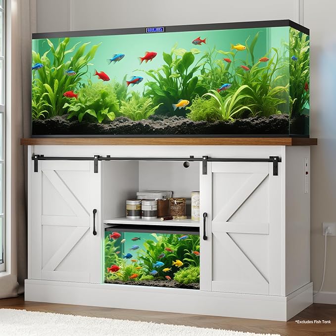 Fish Tank Stand Up to 75 Gallon, Aquarium Stand with Sliding Barn Doors & Power Outlet, White Farmhouse Style Stand with Cabinet Storage for Fish Tank, Turtle Tank, Reptile Terrarium,1000LBS Capacity-PawvioPets